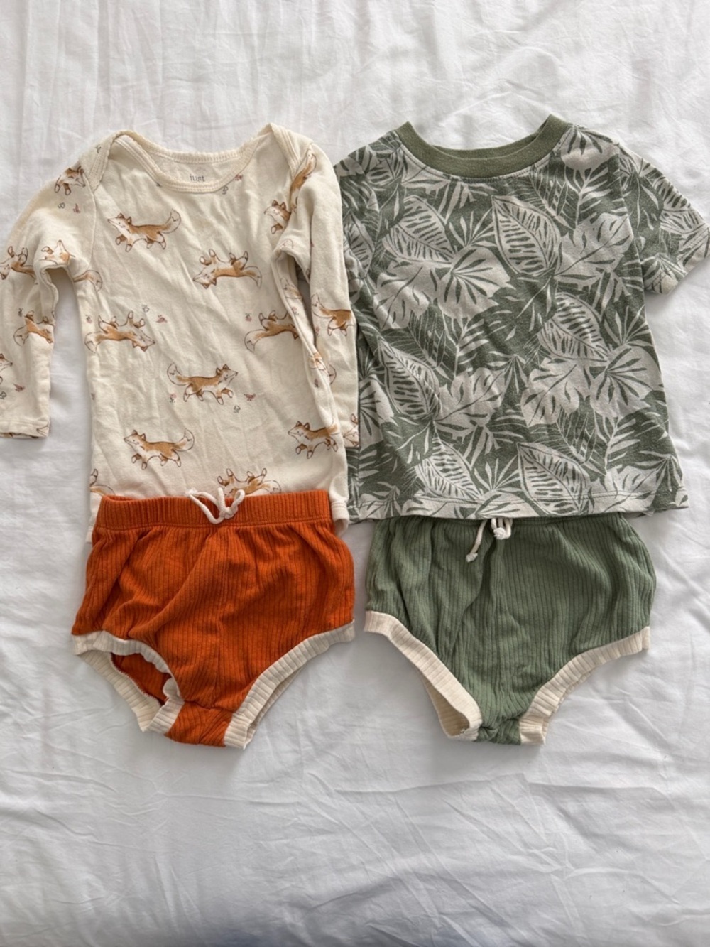 2-Piece Baby Outfit Set - Green Leaf Tee & Orange Ribbed Shorts